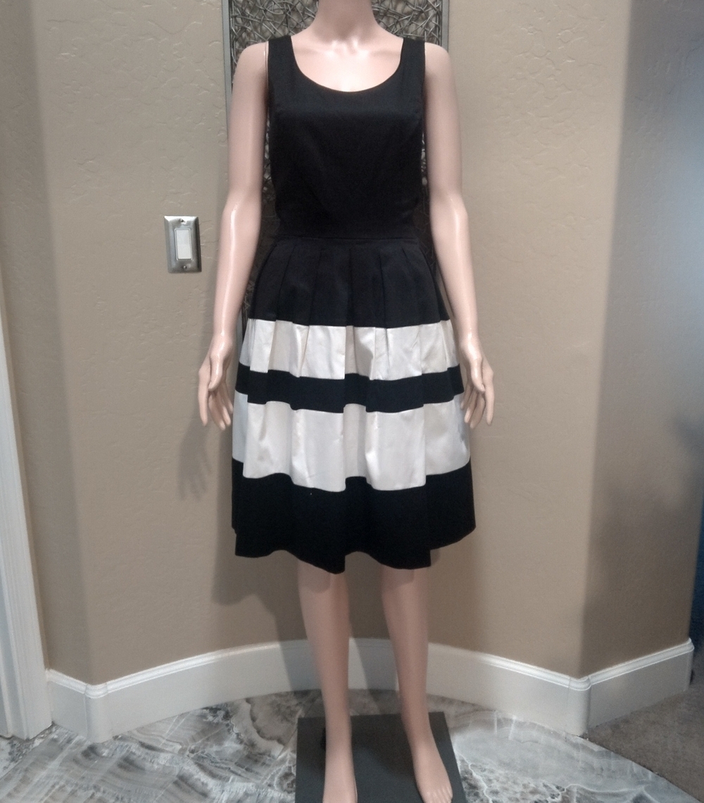 White House Black Market Black and White Striped Midi Fit-and-Flare Dress